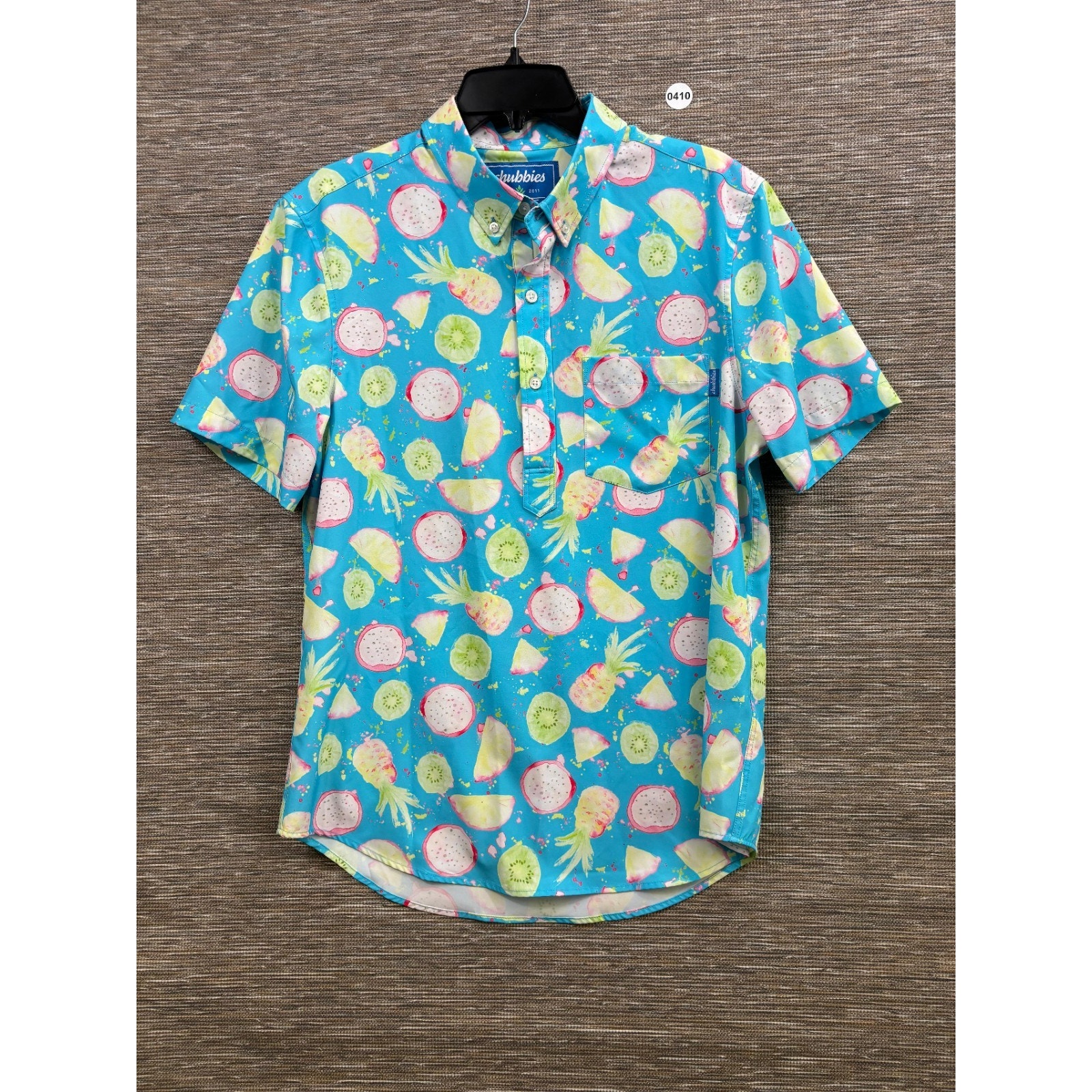 Chubbies Hawaiian Polo Shirt Mens Size M Blue Fruit Pineapple Print Stretch